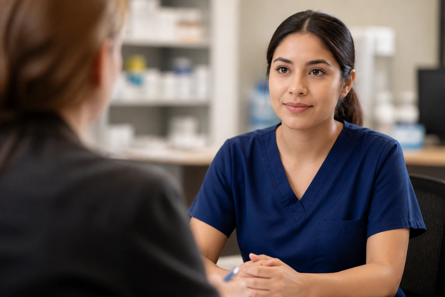 Professional pharmacy technician candidate in interview setting