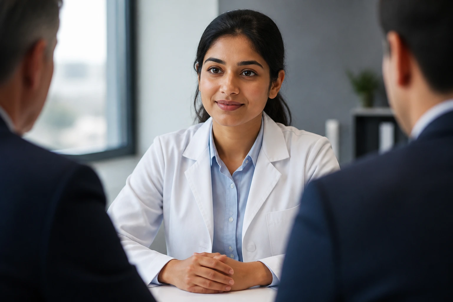 Real pharmacist in an interview room preparing for competency-based questions