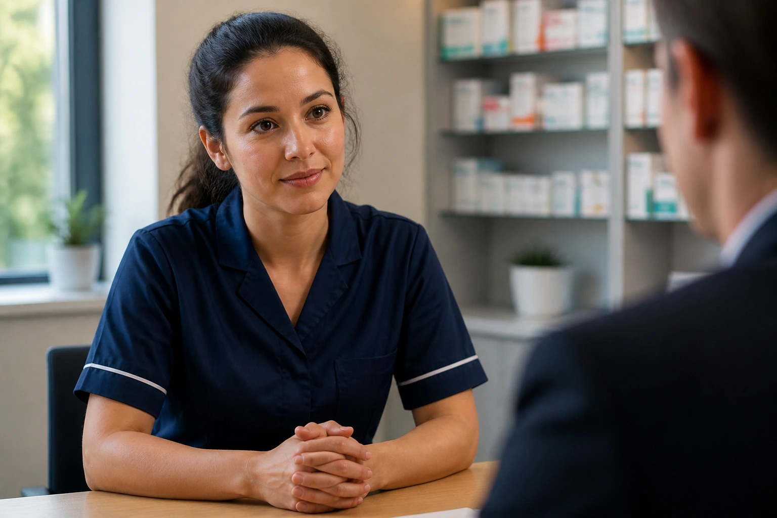 Close-up portrait of a pharmacy technician candidate during an interview in a clinical setting
