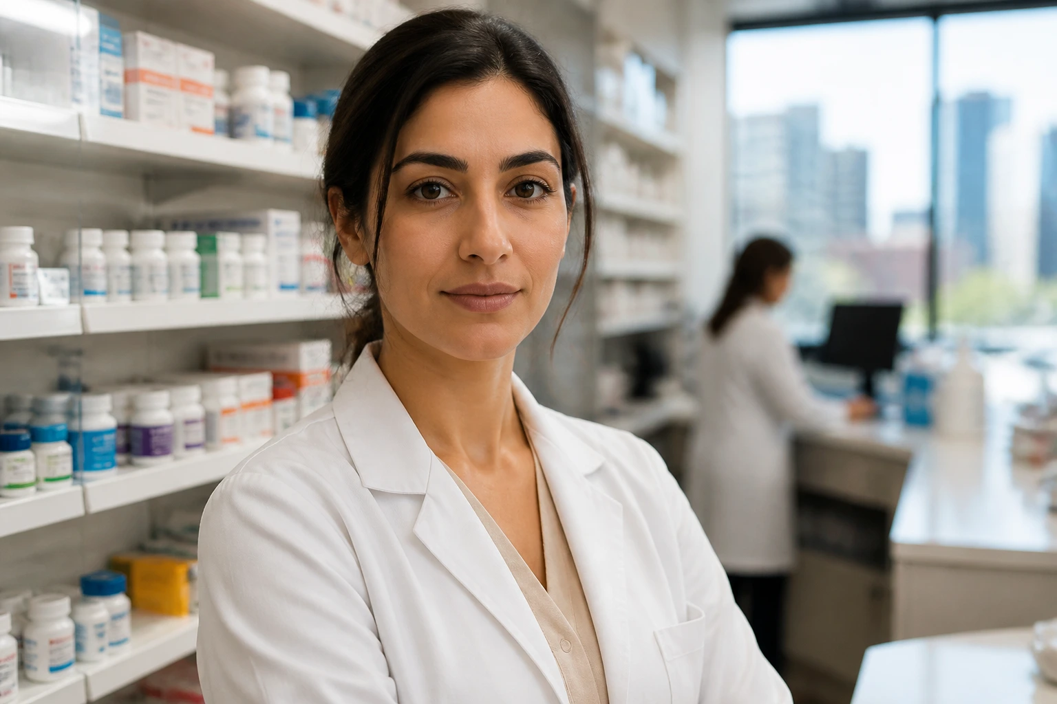 Close-up of a pharmacist in a modern Canadian pharmacy highlighting market realities