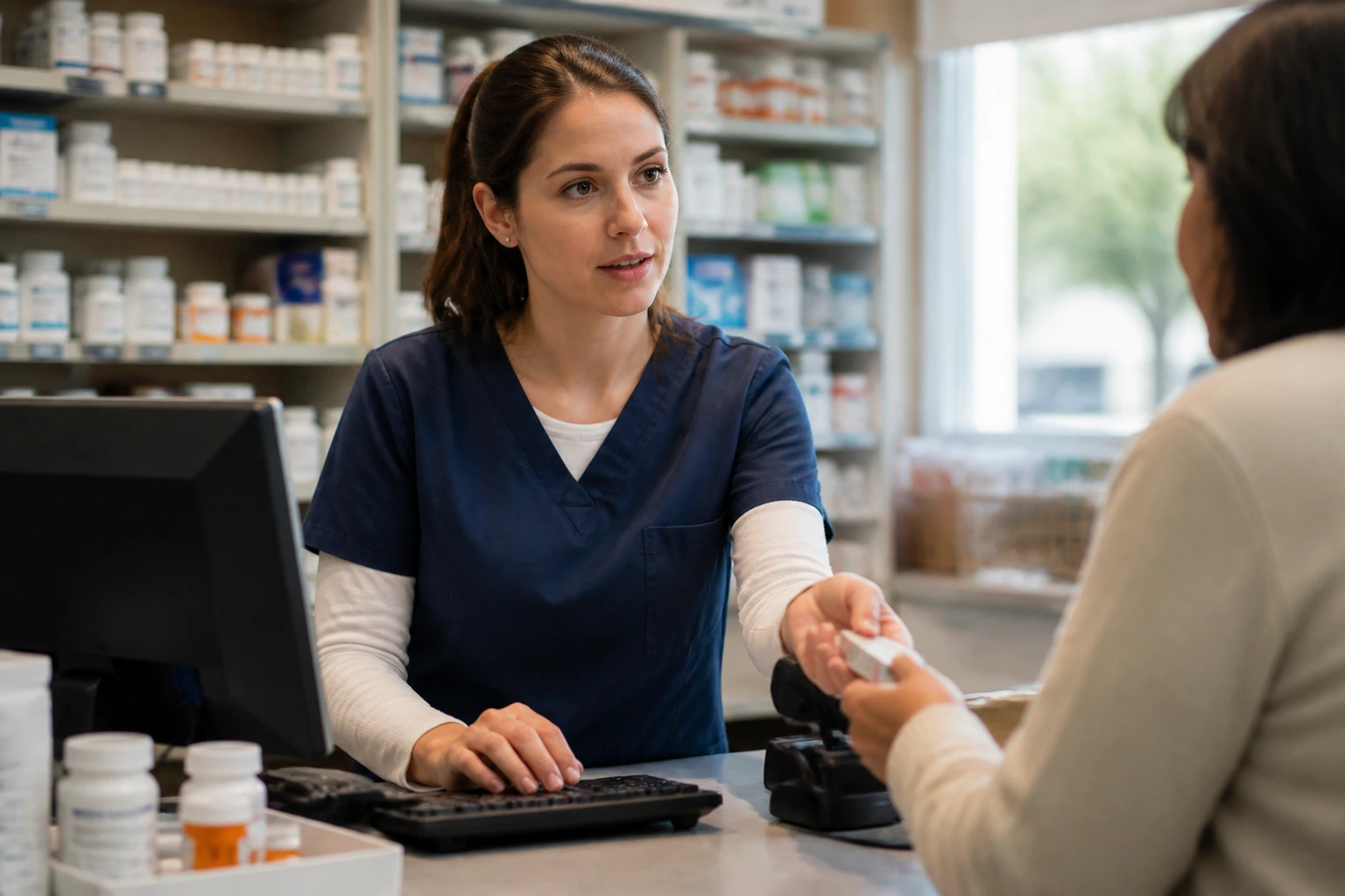 Close-up of a pharmacy assistant at a busy counter illustrating work pace and conditions
