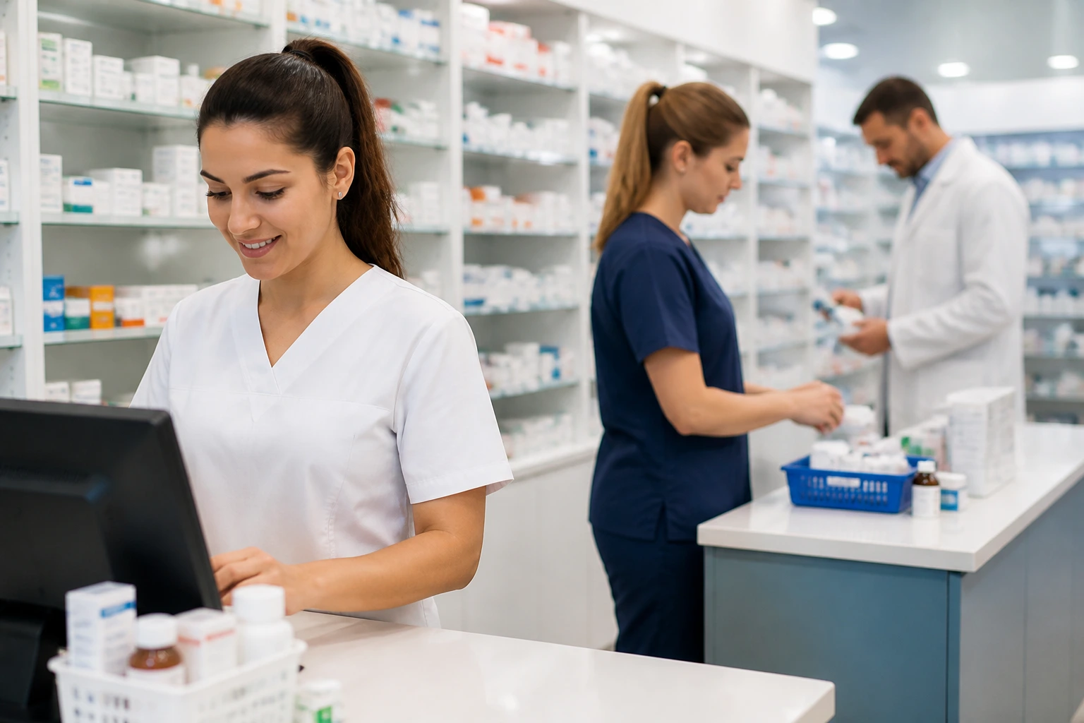 Group of three real pharmacy staff in a Australian community pharmacy demonstrating different roles.