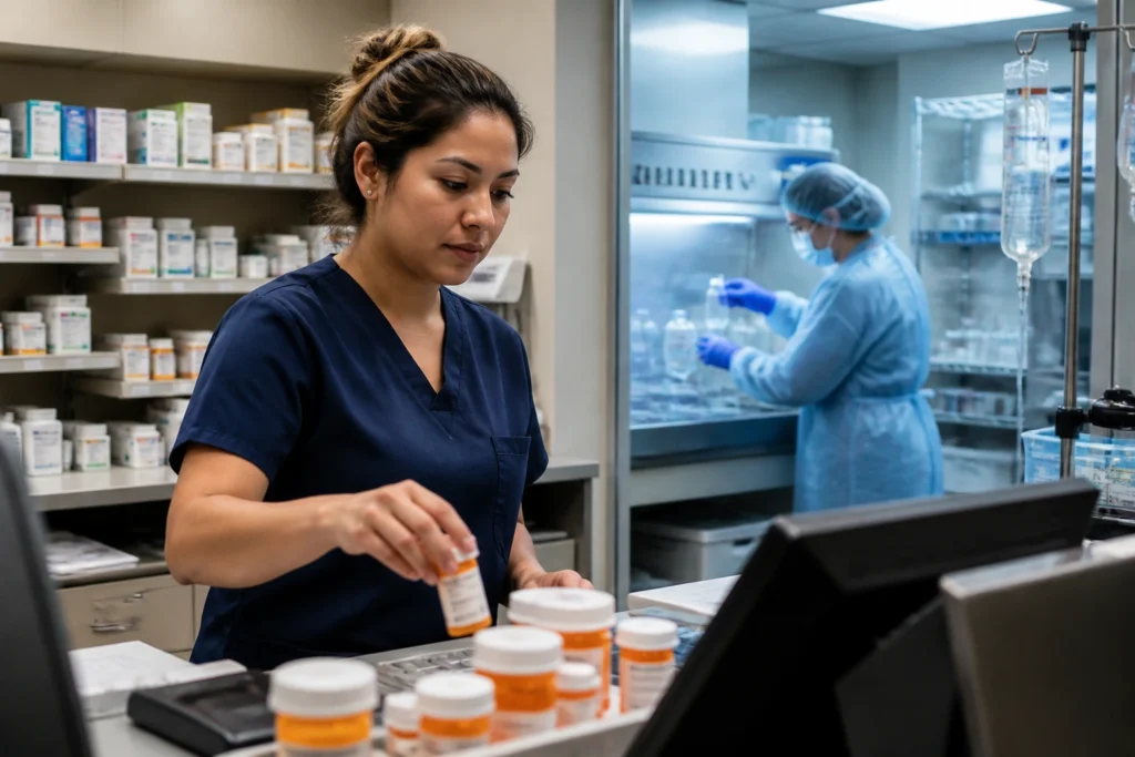 Pharmacy technician at a retail counter with blurred IV room in background