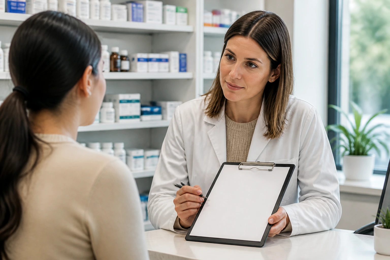 Pharmacist evaluating a candidate with a clipboard over a blank sheet in a pharmacy office.