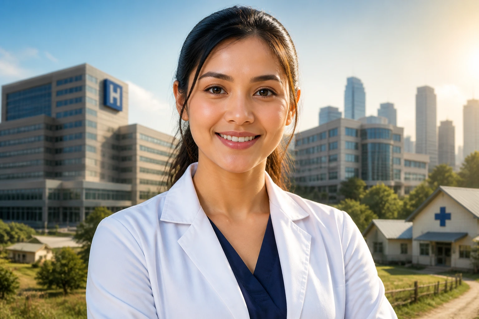 Portrait of a pharmacy technician with hospital and medical center silhouettes in the background