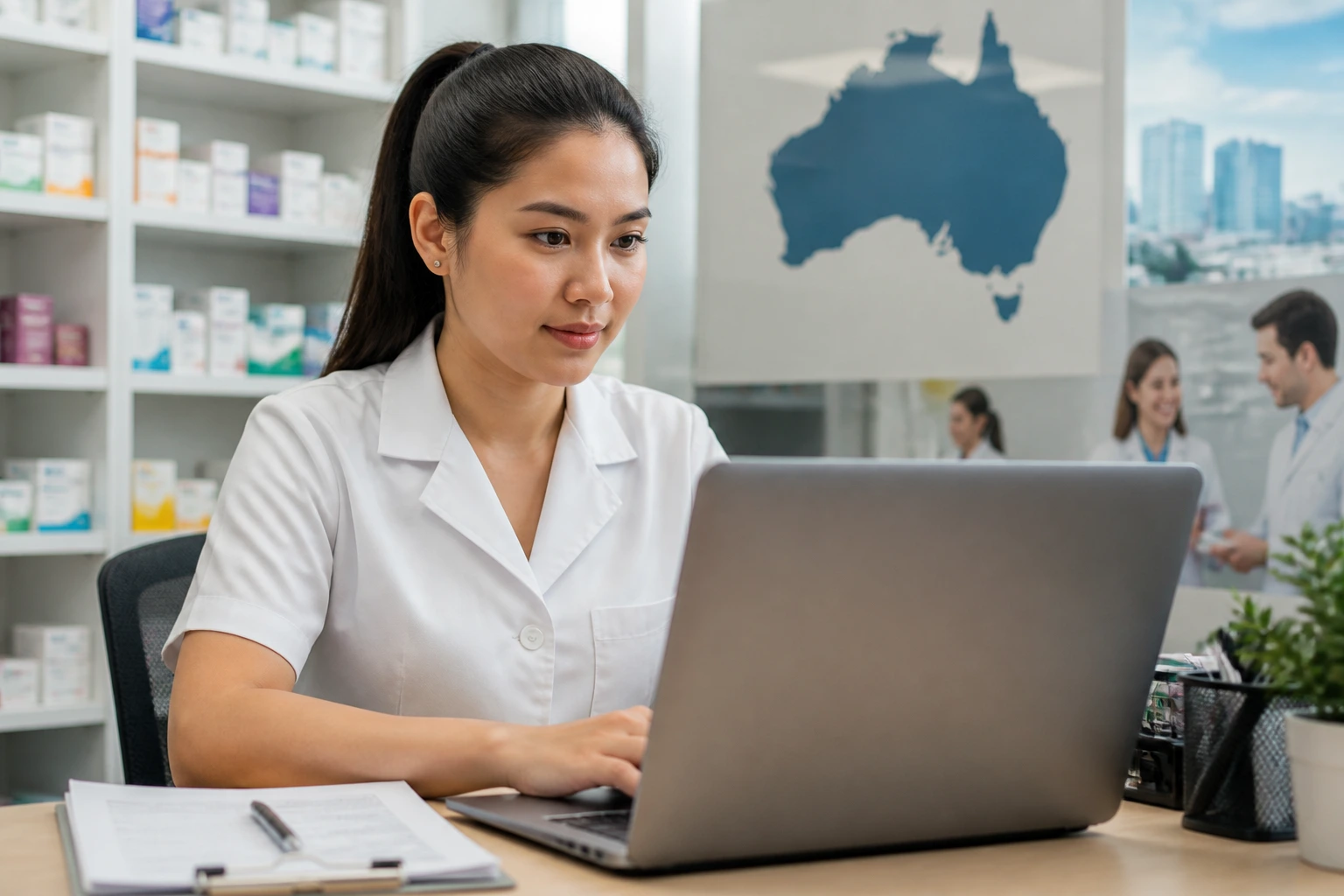Person at a desk in a pharmacy back-office exploring sponsorship opportunities in Australia