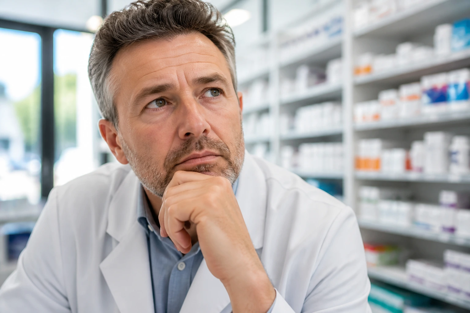 Close-up of a real pharmacy owner in an Australian pharmacy contemplating sponsorship challenges, no text.