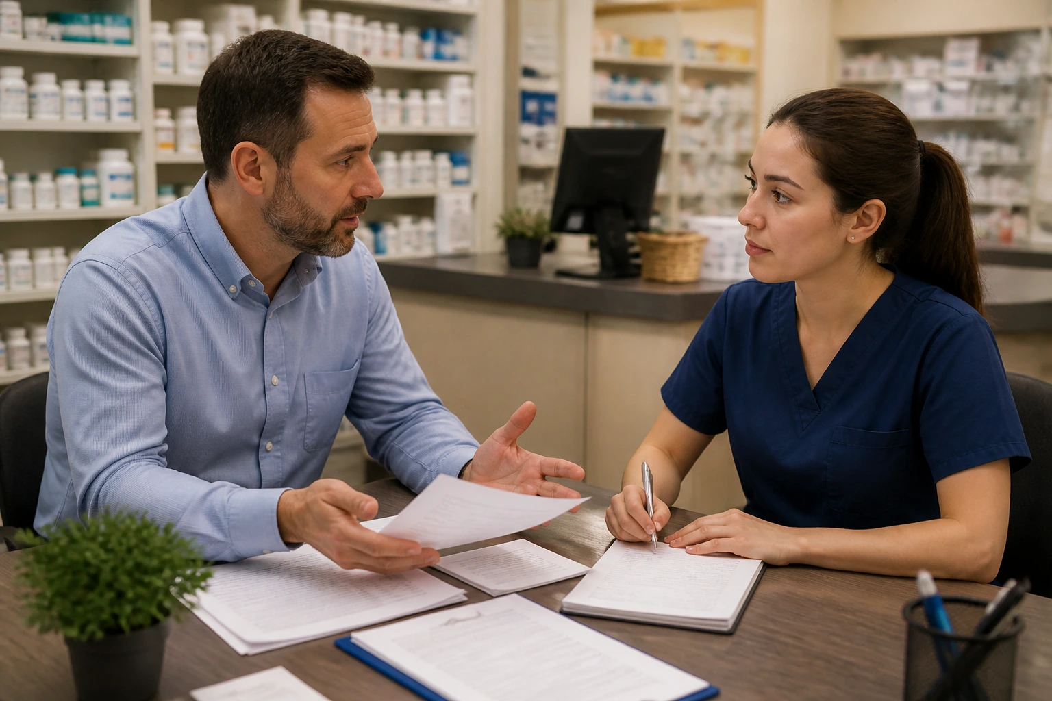 Employer and candidate discussing sponsorship in a pharmacy setting
