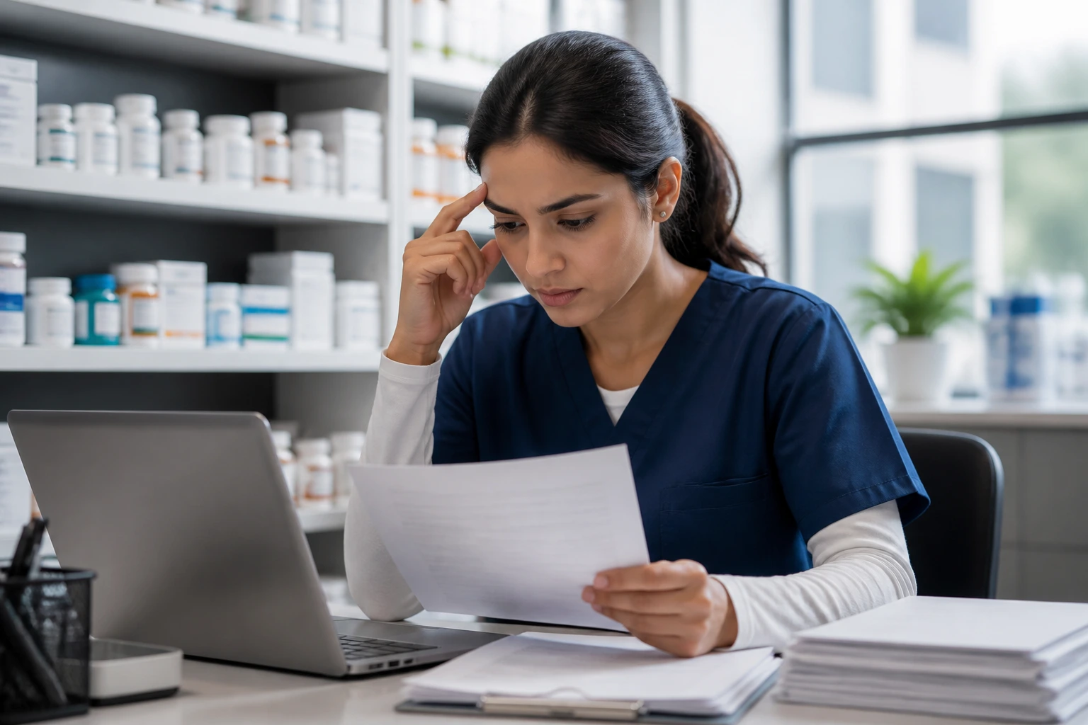 Close-up of a pharmacy technician at a desk with paperwork and laptop