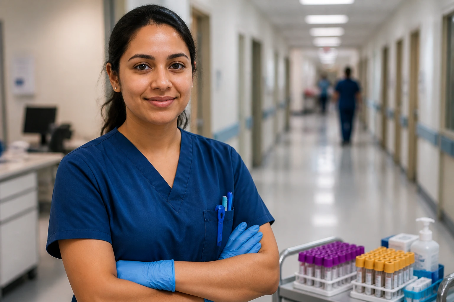Phlebotomist standing in hospital corridor ready for blood collection
