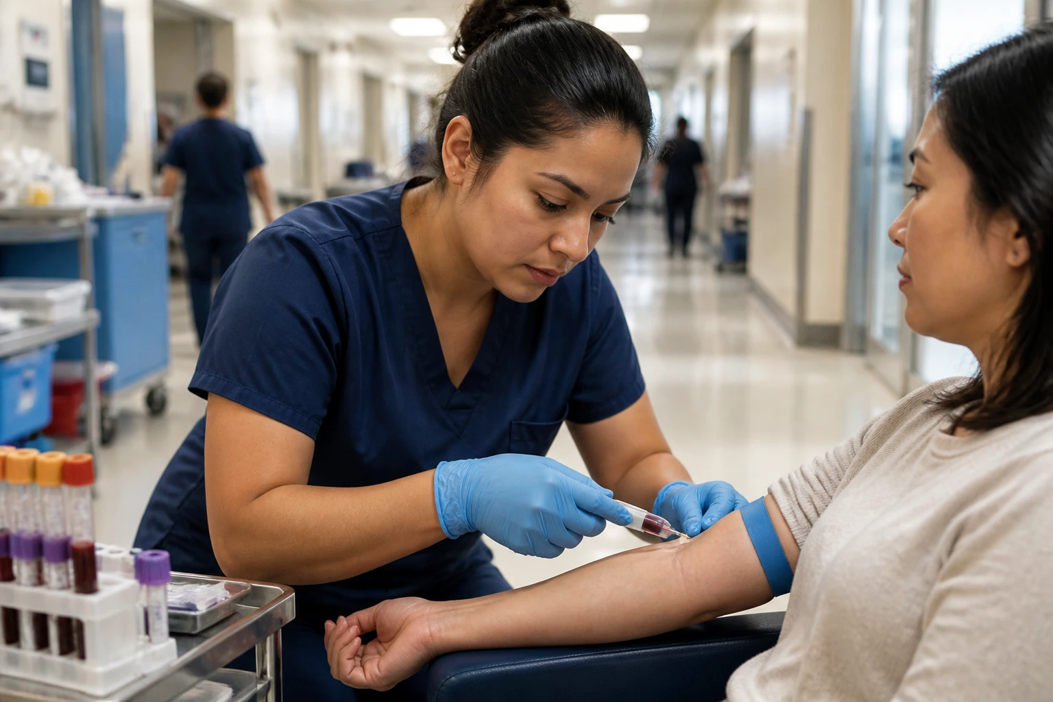 Phlebotomist performing venipuncture in a hospital corridor