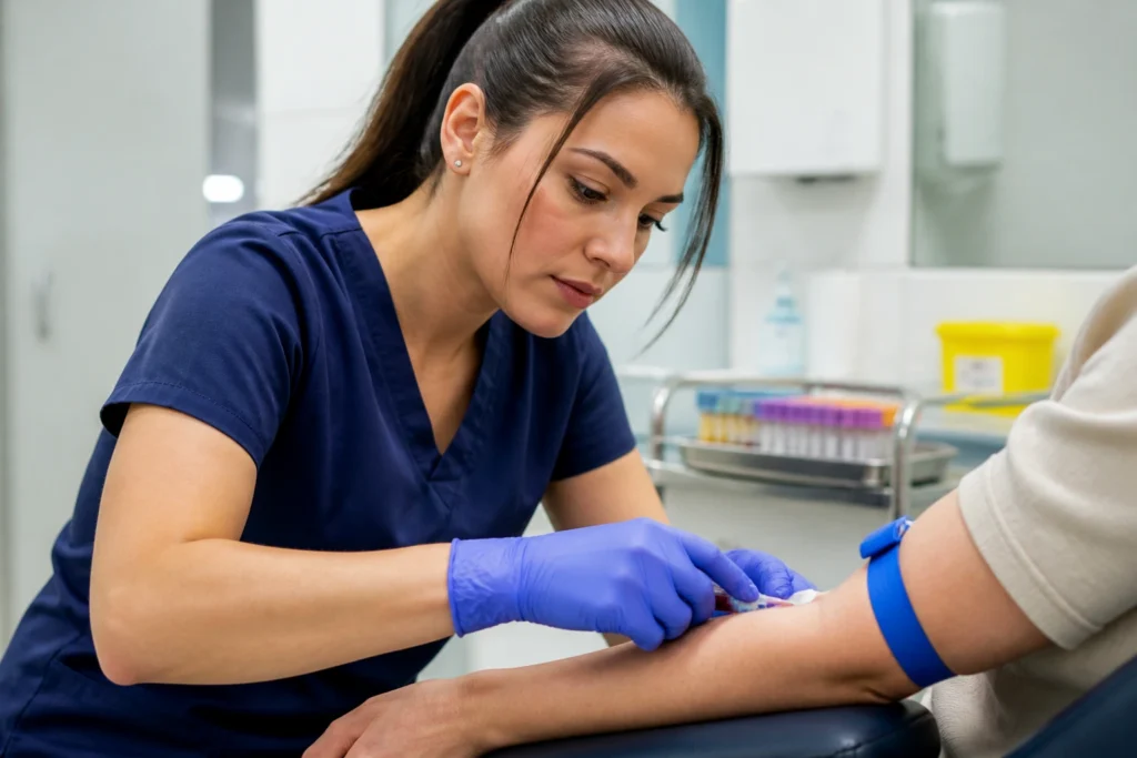 Portrait of phlebotomist performing venipuncture in clinic