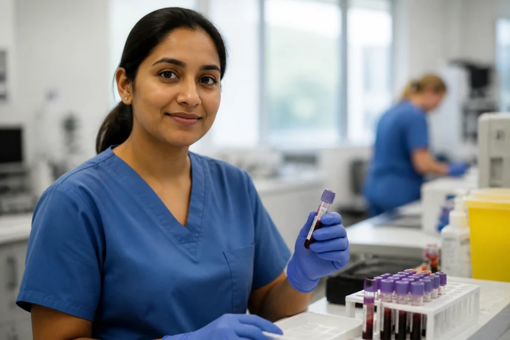 Portrait of a phlebotomist in scrubs in a clinical lab