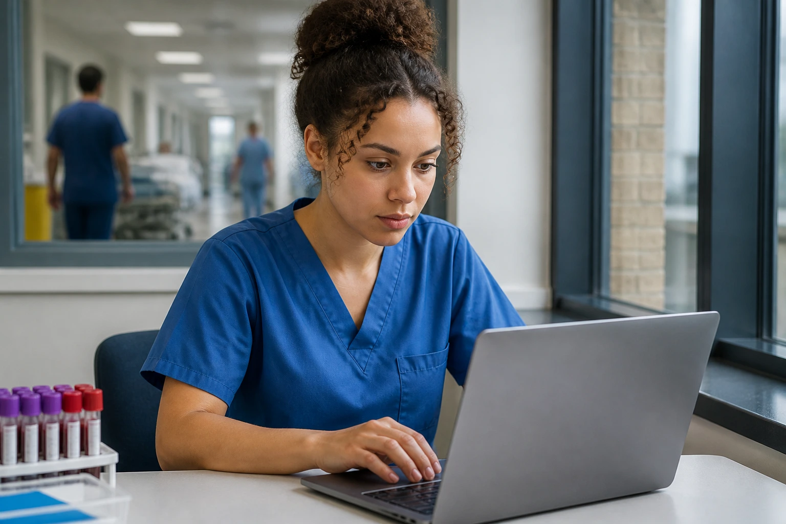 Phlebotomist candidate researching NHS sponsorship job sites in a hospital setting
