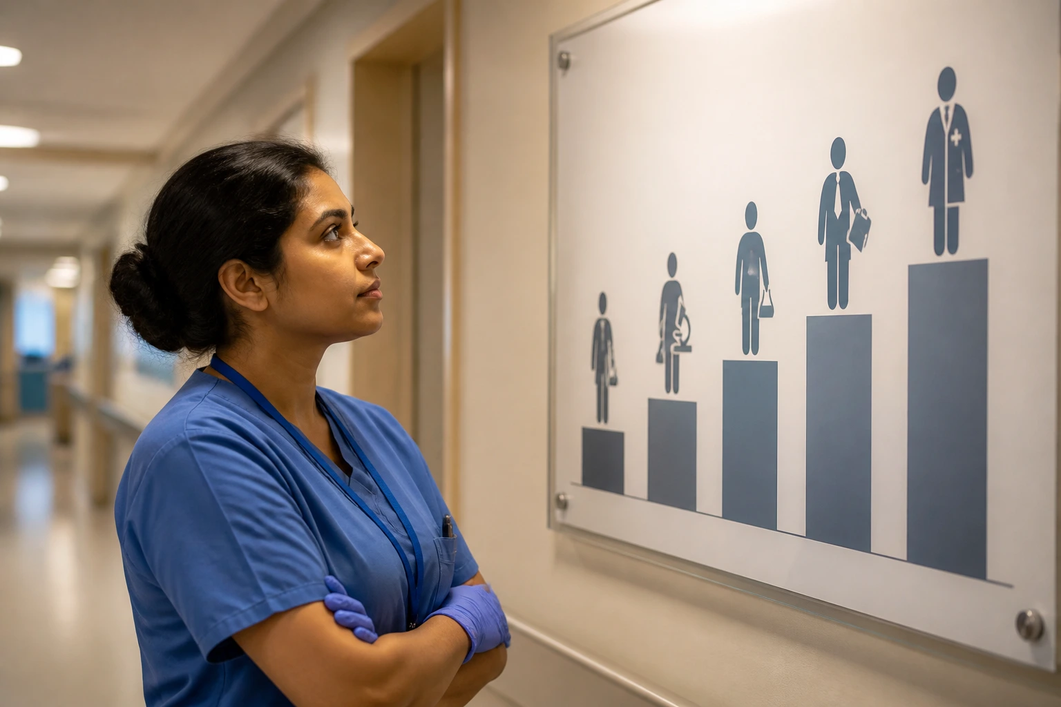 Portrait of a phlebotomist in a hospital corridor examining a career pathway display.