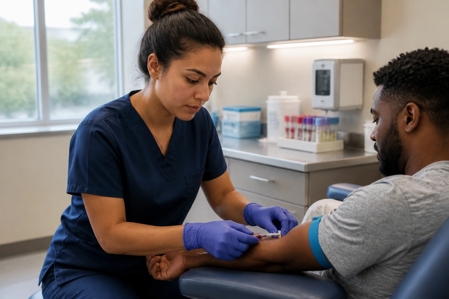 Phlebotomist performing blood draw in clinic, depicting daily life in American medical settings