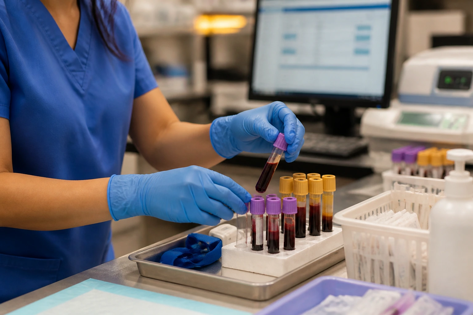 Hands preparing blood collection tubes in a lab for phlebotomy work permit process