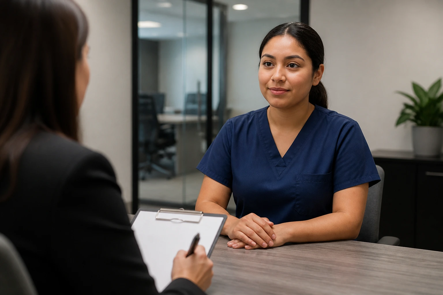 Phlebotomy candidate in an interview setting.