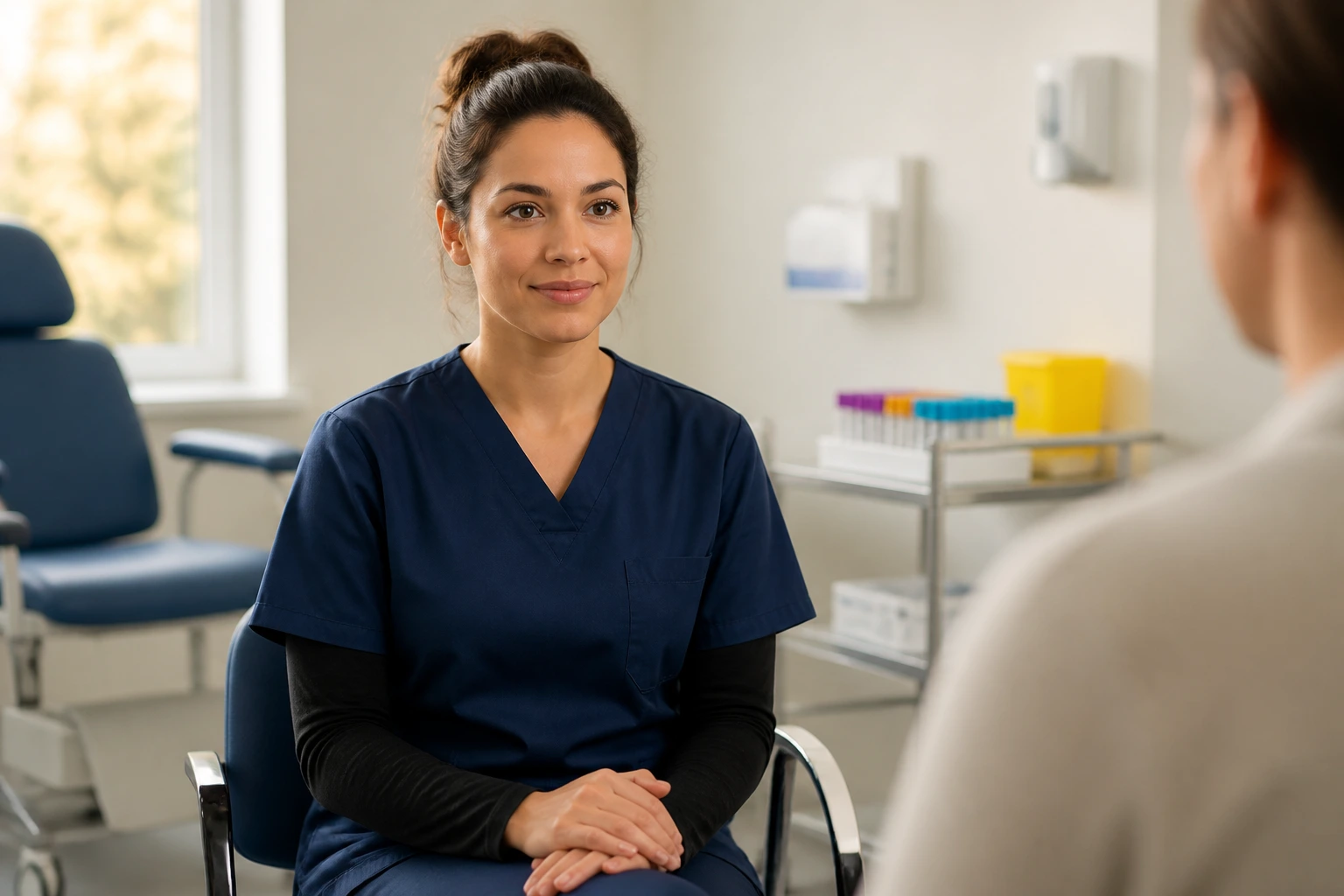 Candidate during a phlebotomy interview in a clinic room