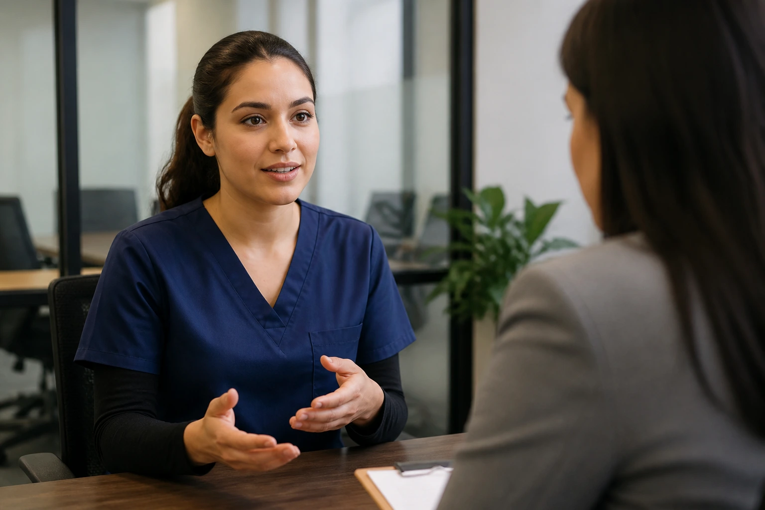 Phlebotomist answering interview question in a clinical interview setting