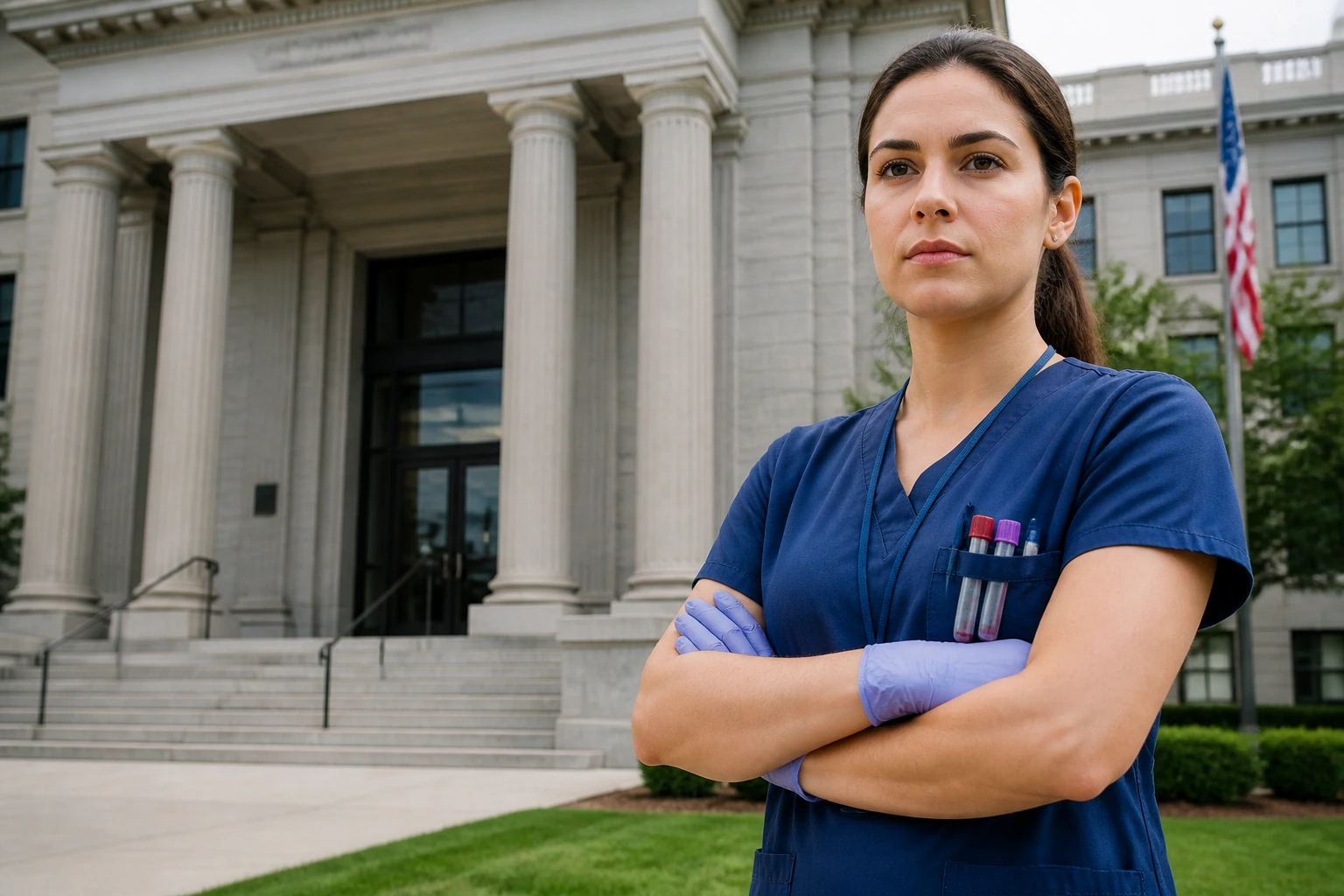Phlebotomist contemplating licensing rules near a government building