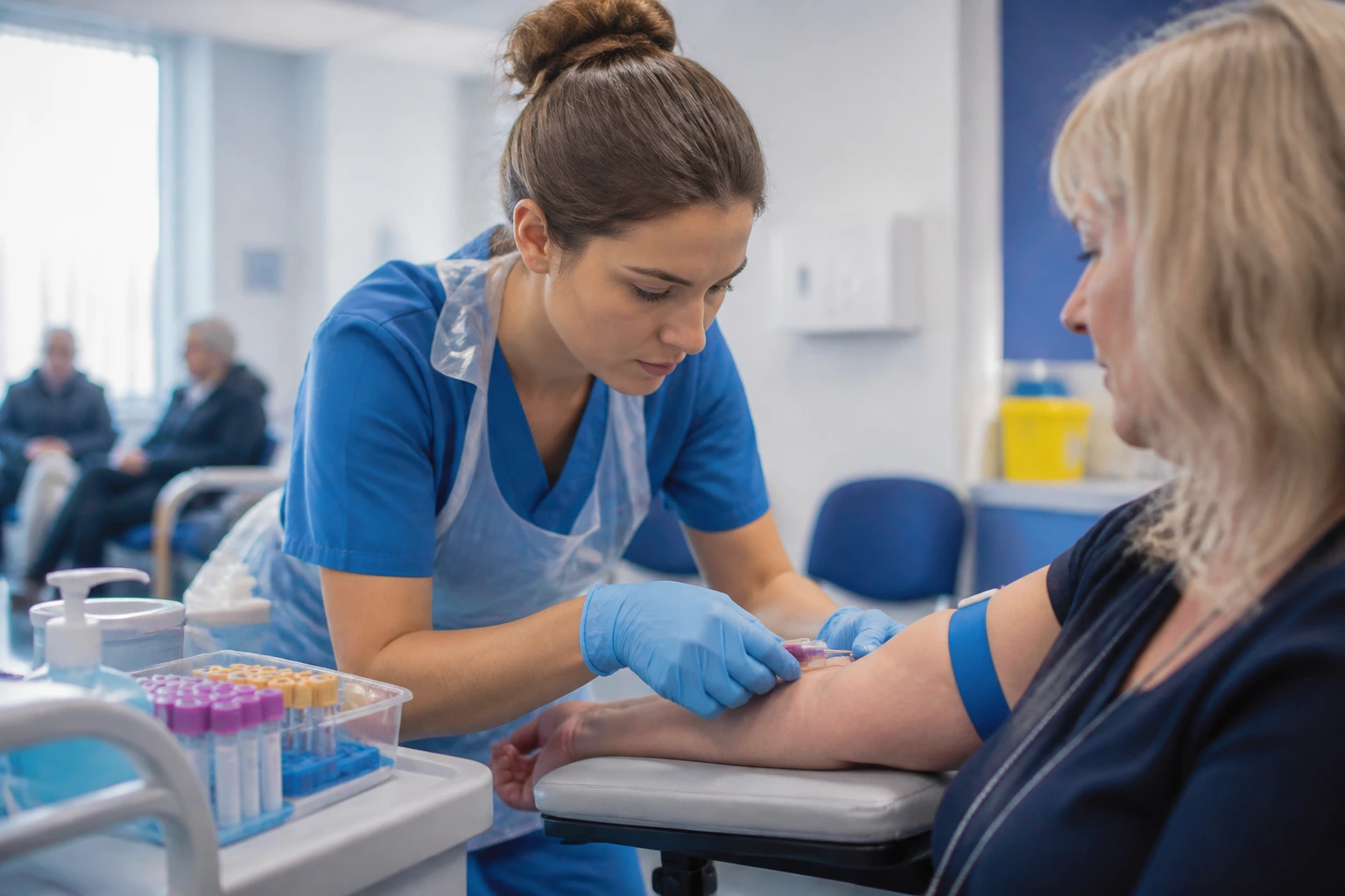 Phlebotomist performing blood draw in NHS clinic.