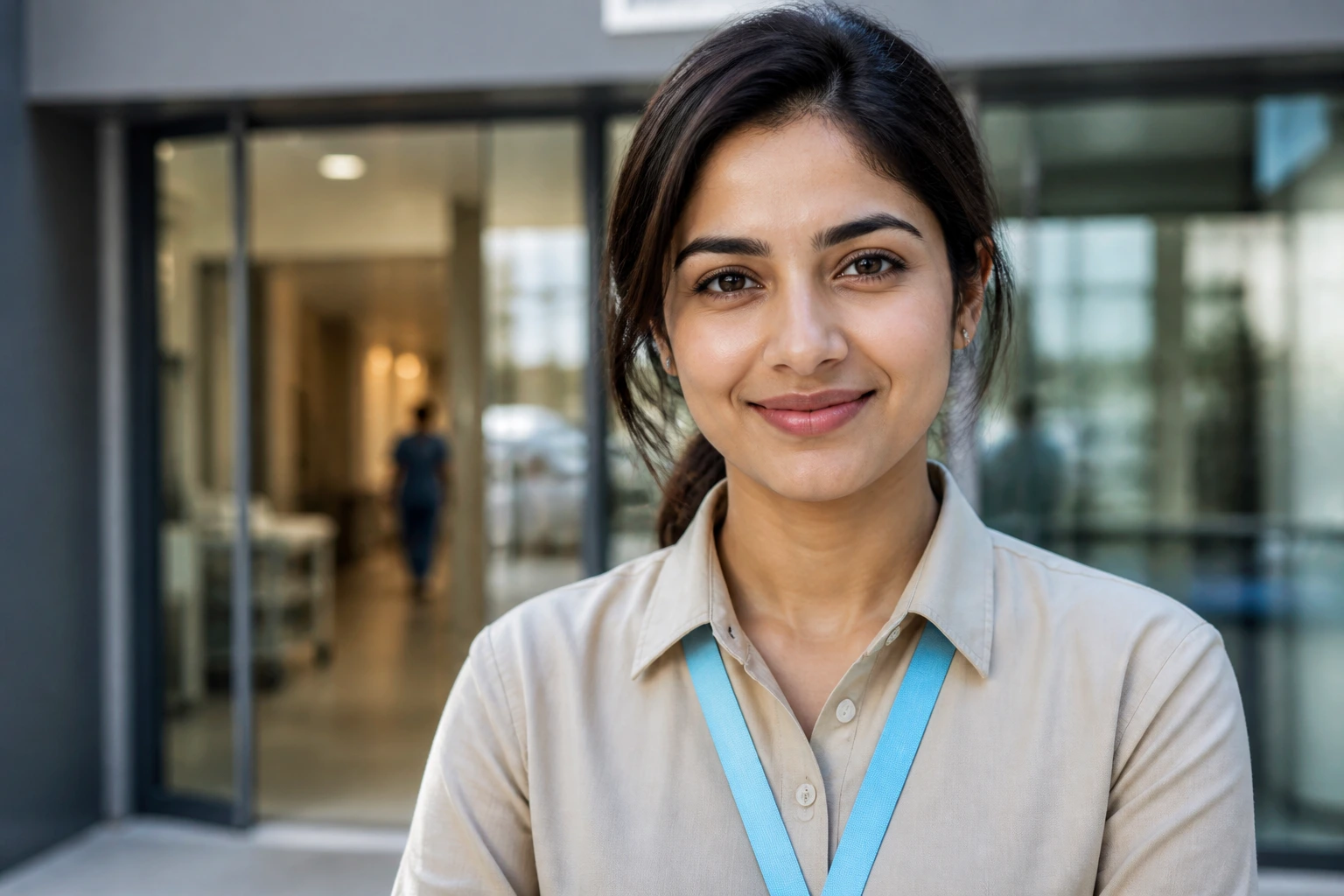 Portrait of an overseas phlebotomy applicant outside a hospital, seeking NHS job sponsorship.