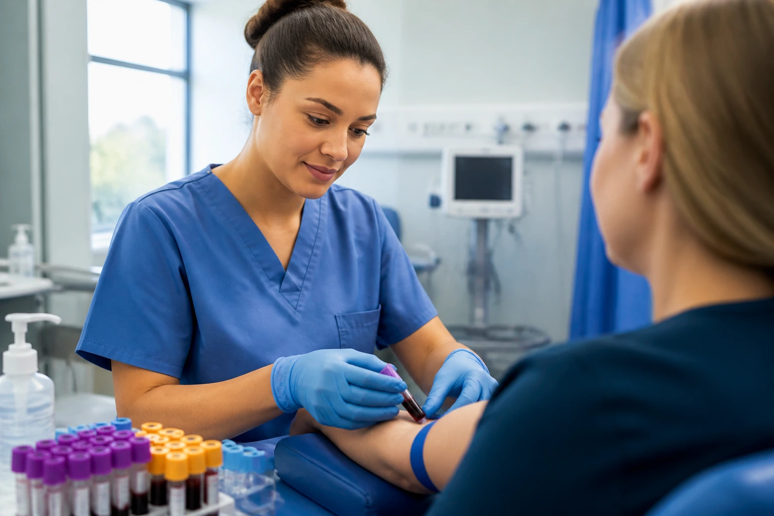 Experienced phlebotomist in clinical setting demonstrating qualifications.