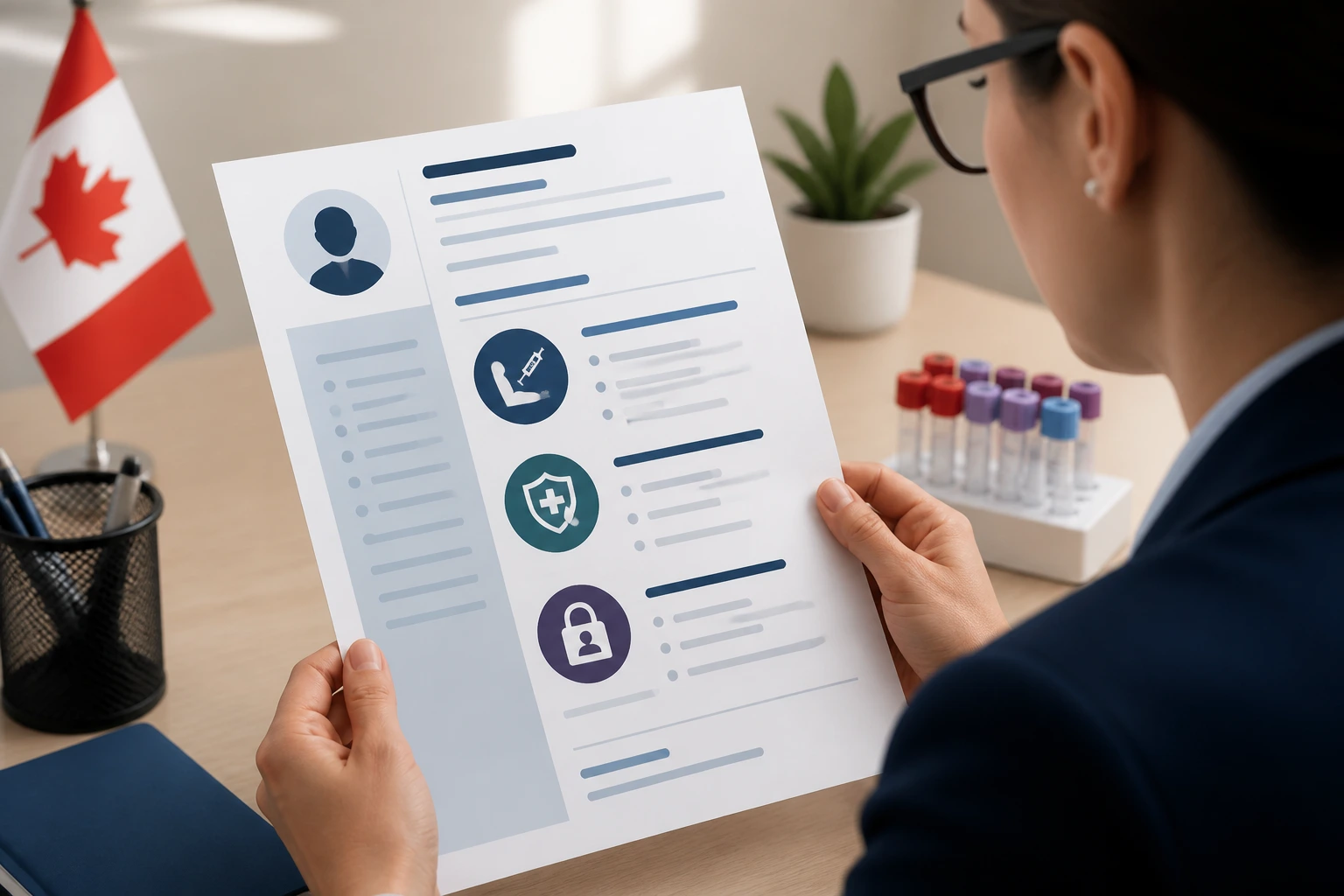 Professional evaluating a resume with skills icons in a workspace