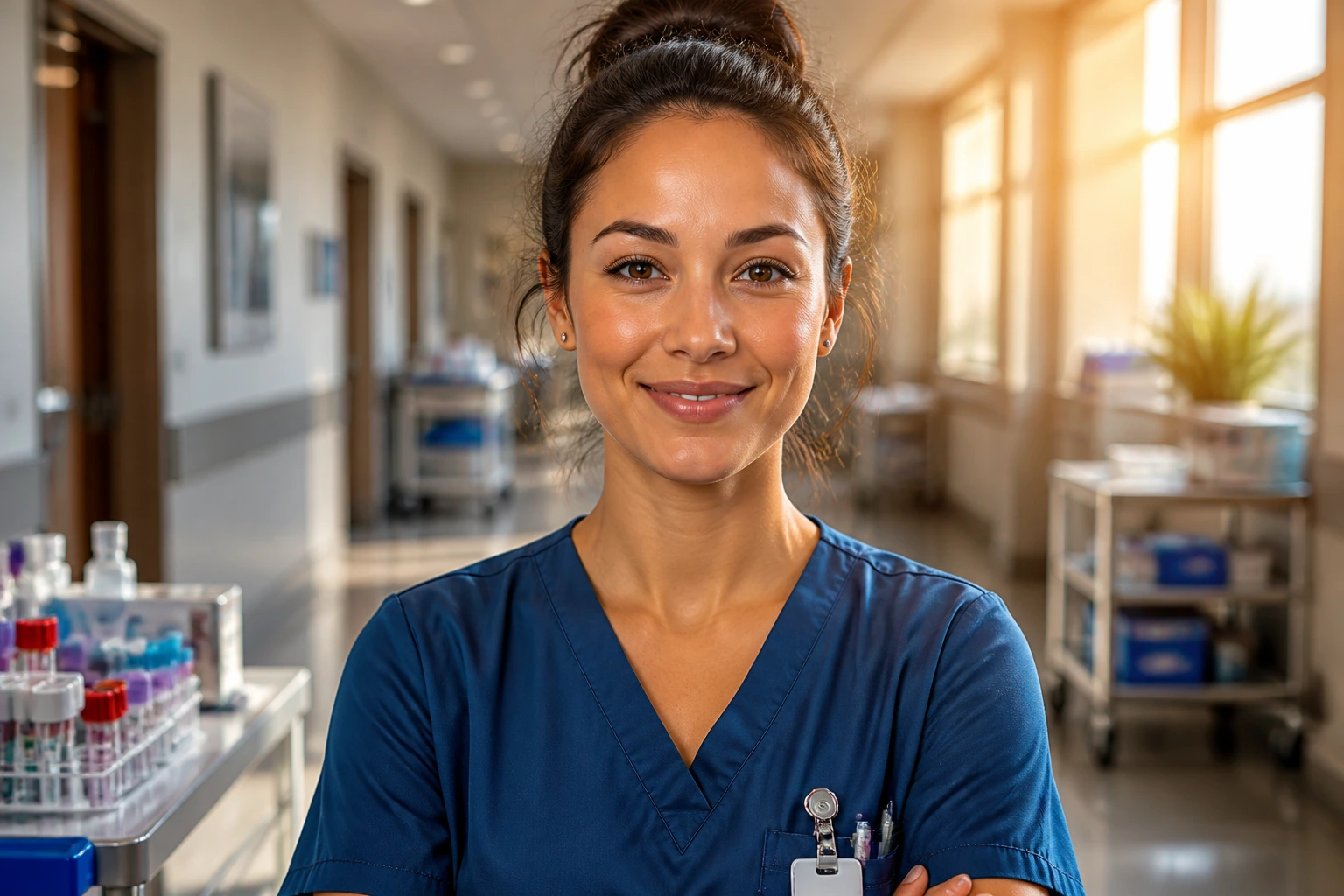 Phlebotomist in a hospital corridor representing salary potential and sponsorship pathways