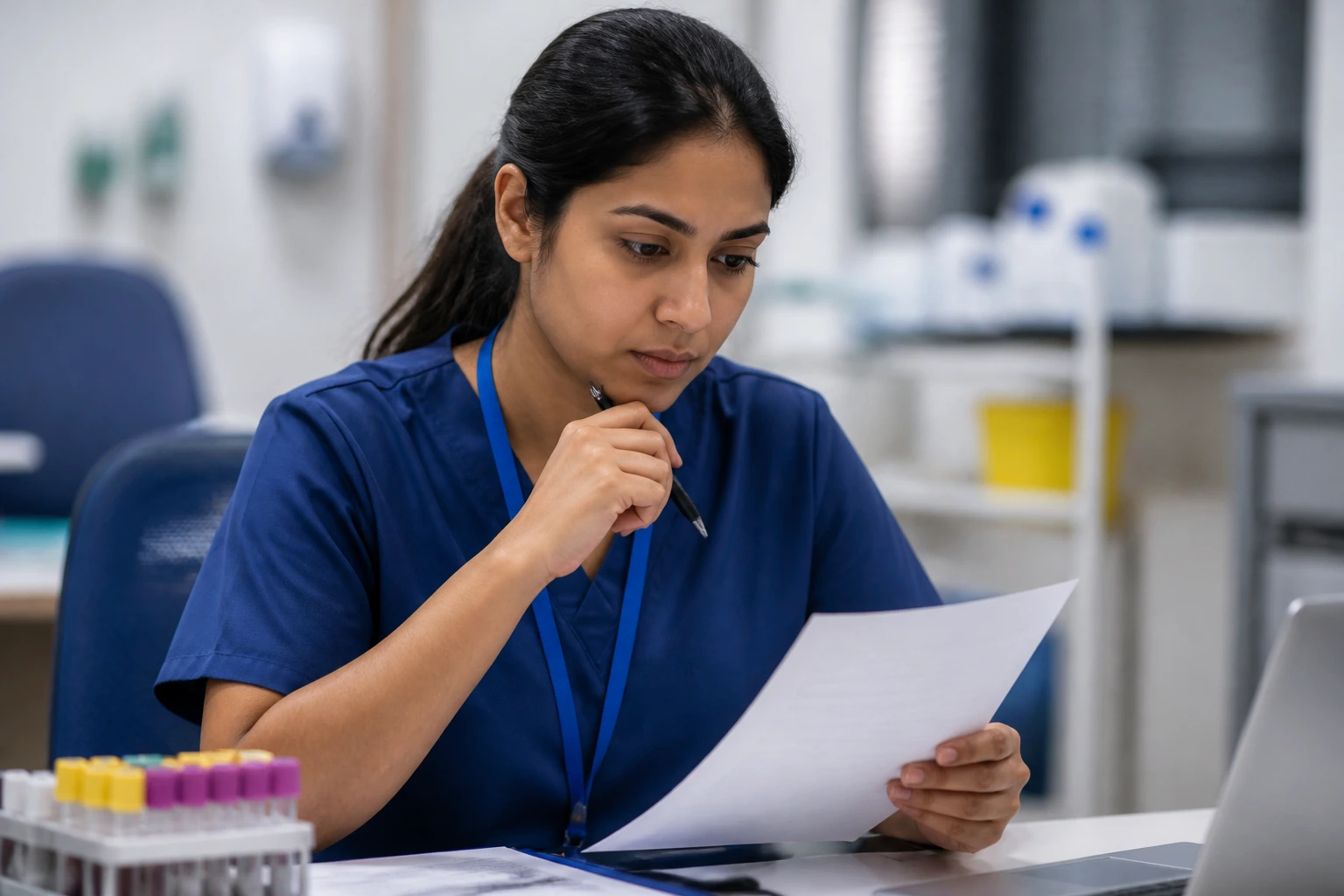 Applicant evaluating a job offer at a desk in a clinical office.