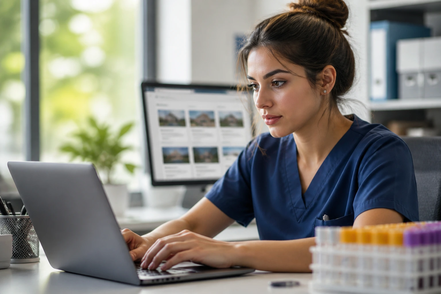 Candidate searches for sponsorship and openings on a laptop in an office