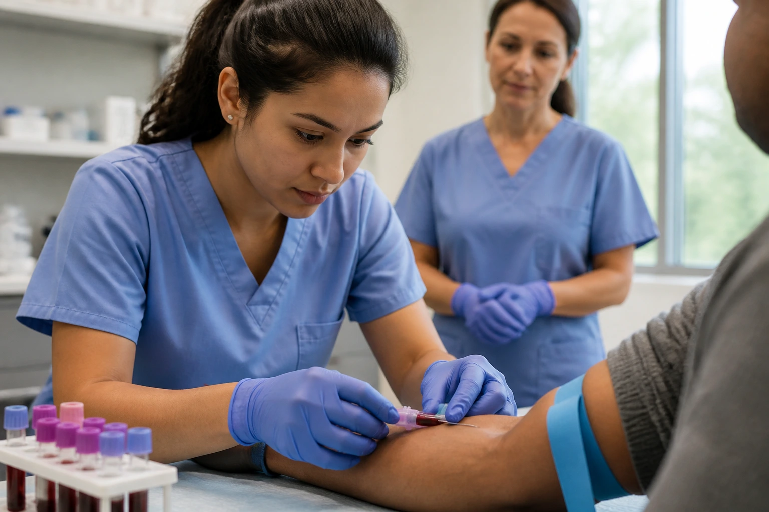 Phlebotomy trainee receiving hands-on venipuncture training in a clinical setting