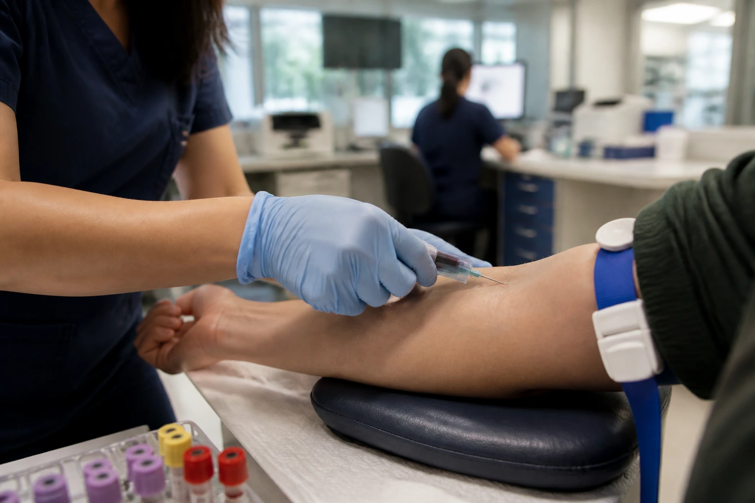 Close-up of gloved hands performing venipuncture on a patient arm in a clinical setting