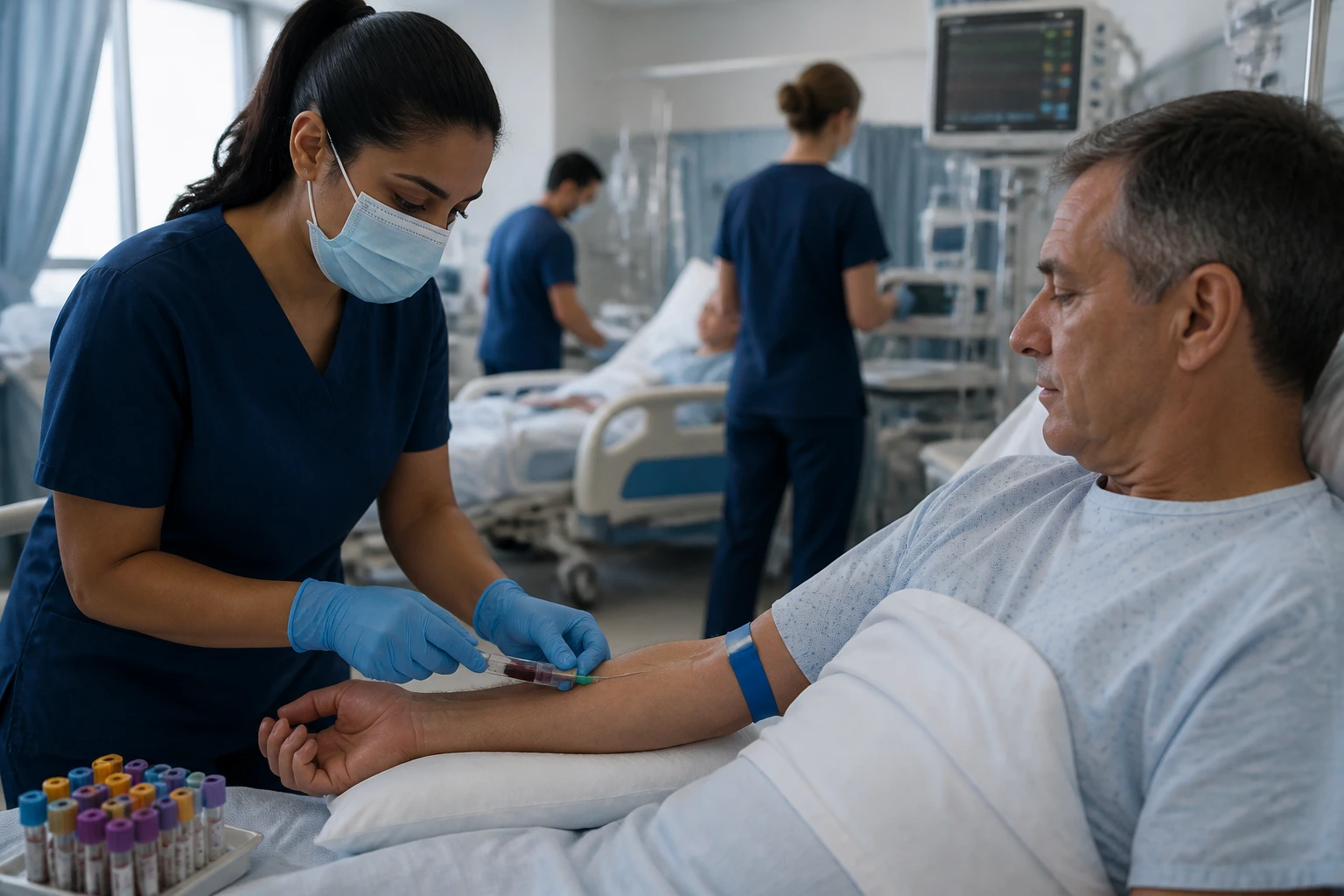 Phlebotomist drawing blood in a public hospital ward
