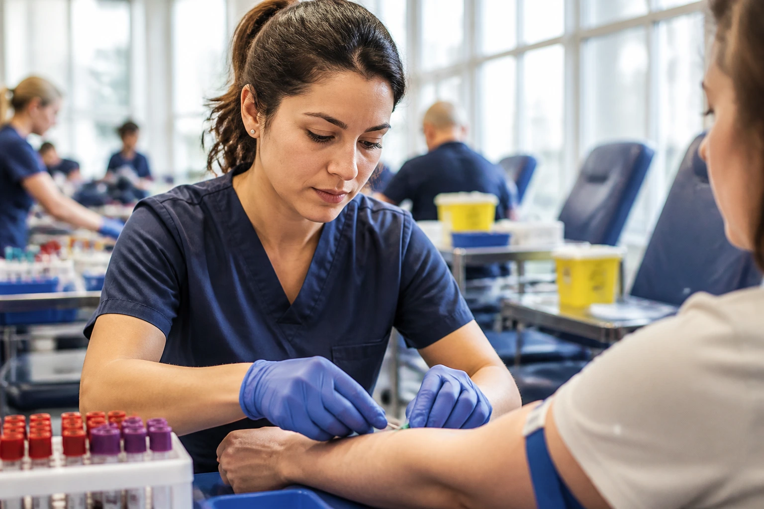Close-up of a phlebotomist's hands and face in a busy blood room.