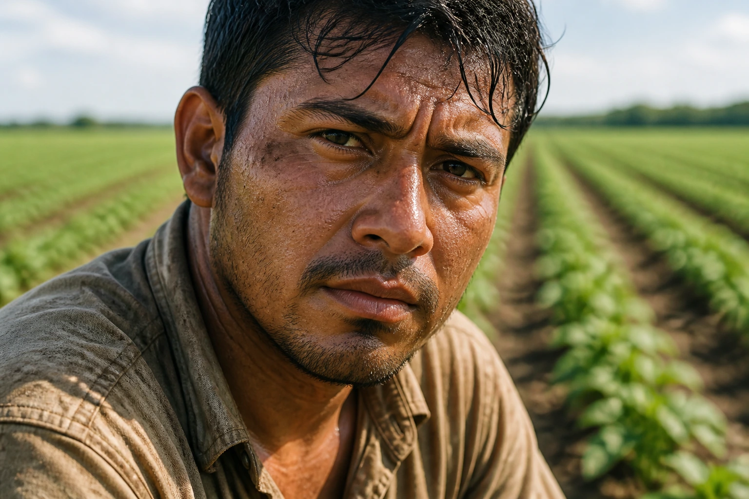 Close-up portrait of a farm worker showing fatigue and determination in a sunlit field