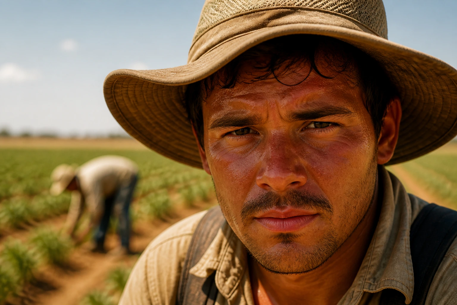 Portrait of a farm worker in a sunlit field showing exertion and heat