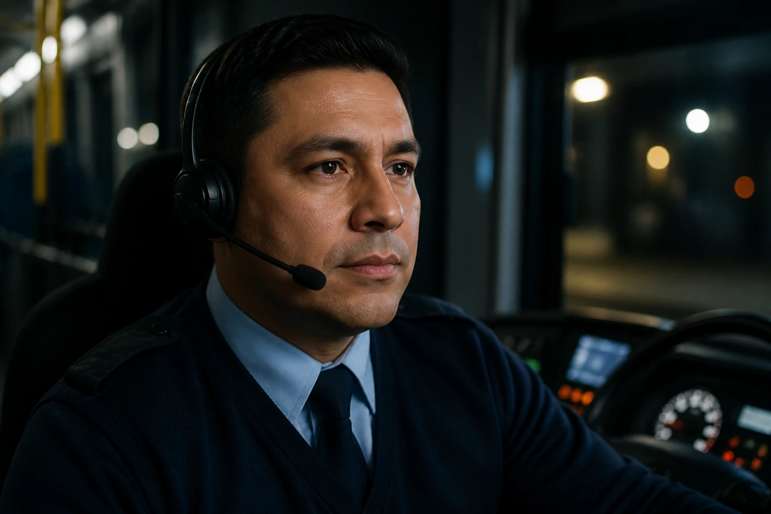 Bus driver in uniform with headset in a dim cockpit setting.
