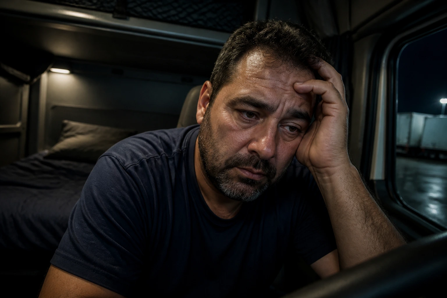 Close-up of a tired truck driver in a sleeper cab
