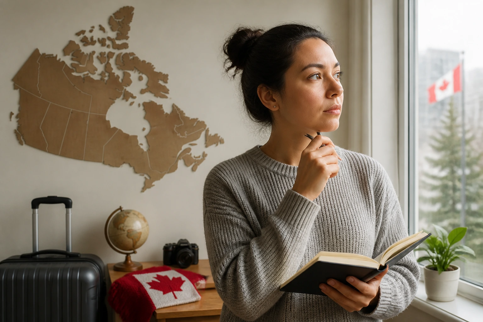 Person by window with map silhouette and travel gear illustrating physical presence