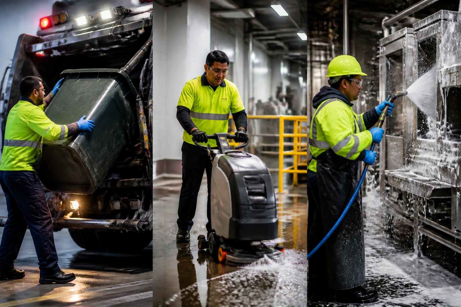 Sanitation worker performing lifting, sweeping, and spraying in a plant