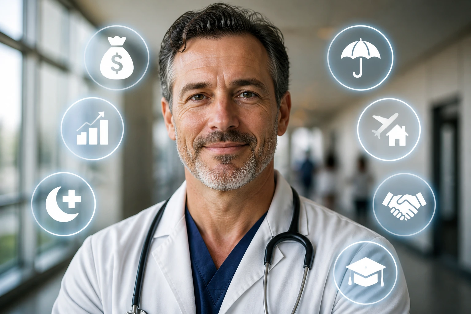 Portrait of physician with floating icons representing compensation components around