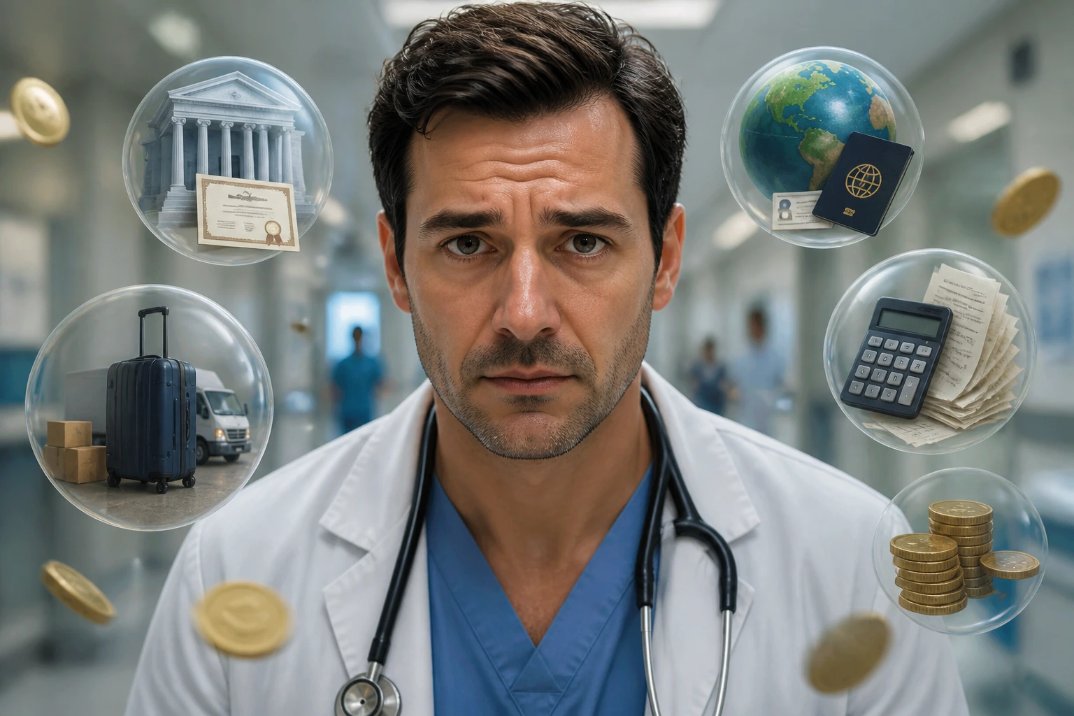 Doctor examining hidden costs around a large paycheck with symbolic coins