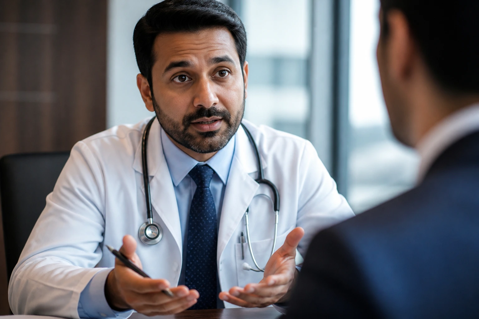 Physician negotiating in a professional office during salary discussion