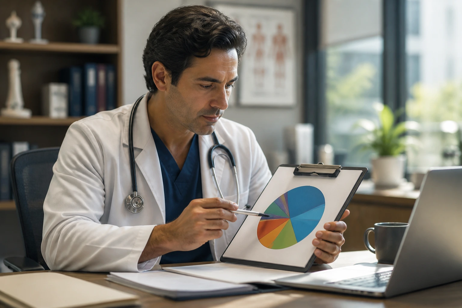 Physician evaluating compensation components at desk