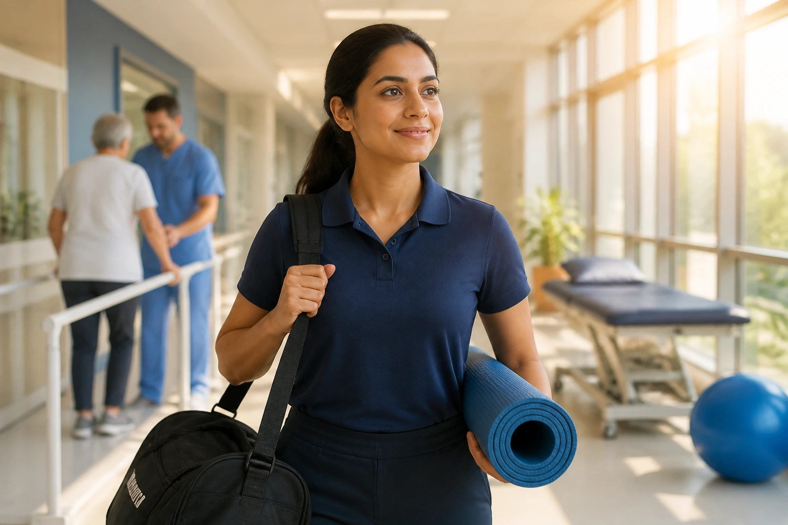Portrait of a physiotherapist walking through a hospital corridor, symbolizing transition to permanent residency.