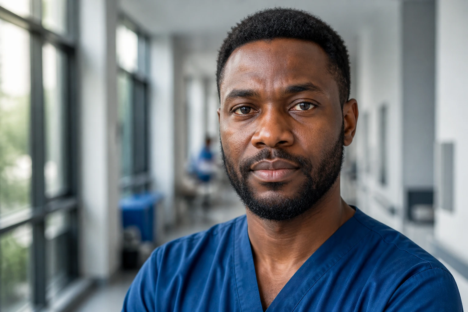 Close-up portrait of a physiotherapist in a hospital corridor representing international recruitment