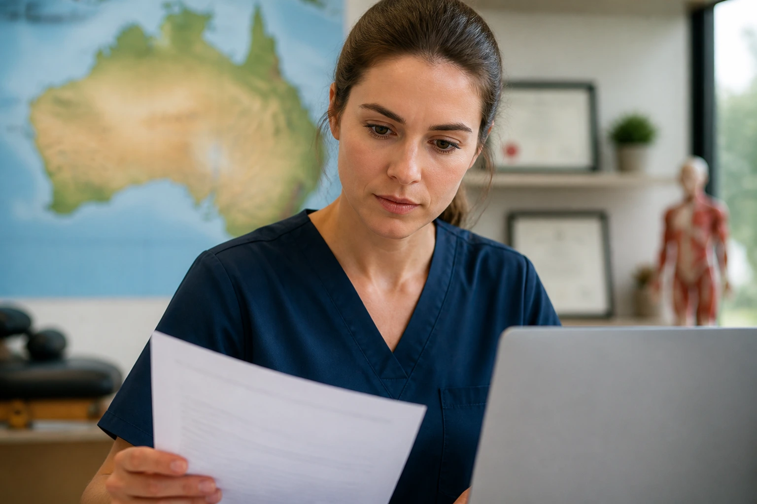 Close-up of a physiotherapist in a clinic, focusing on registration documents with a blurred map of Australia in the background