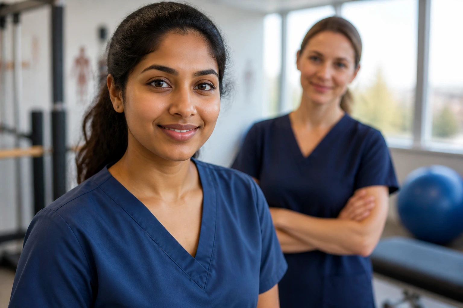 Close-up portrait of a physiotherapist in a clinic with a supervisor in the background, illustrating supervised practice.